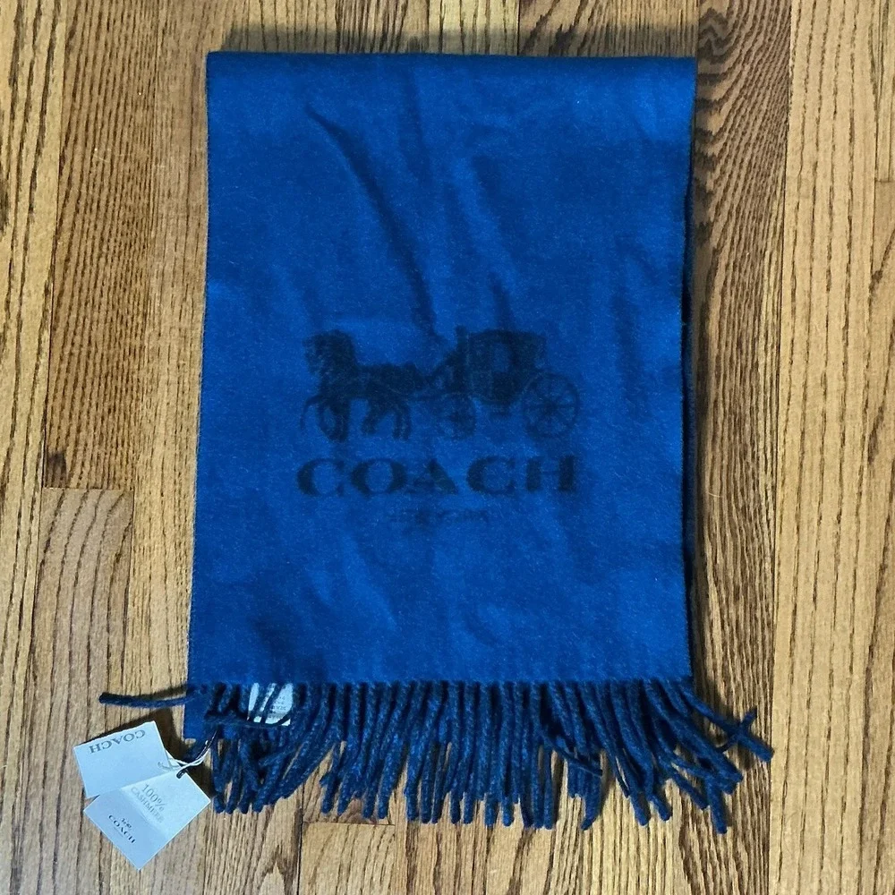 NWT COACH Women's 100% Cashmere Bicolor Logo Navy Blue Scarf 231751JAX